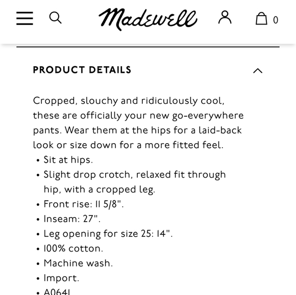 NWT Madewell Cropped Rivington Trousers Size 25 - Picture 12 of 13